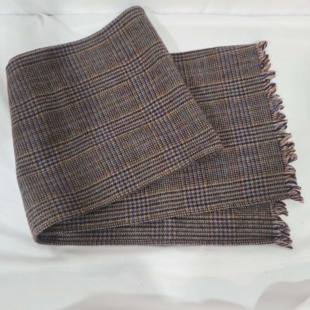 Vintage Wool Blend Plaid Scarf Made in Hong Kong Brown Blue 52"